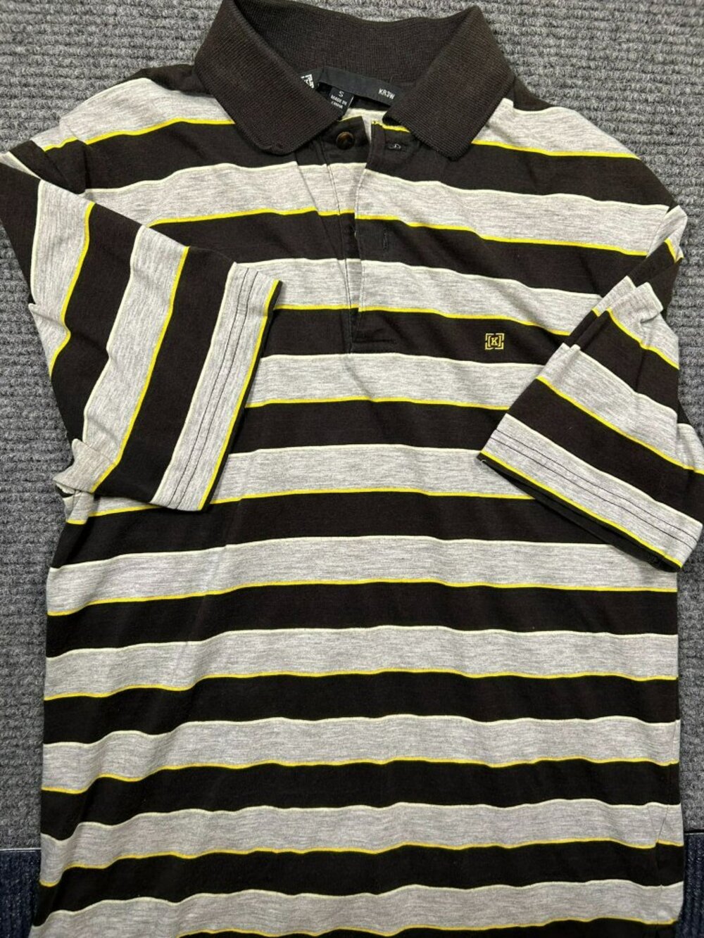 KR3W Mens Polo Shirt Brown/Gray/Yellow S Cotton Blend Striped Short Sleeve Casua
